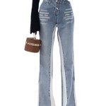 Design Contrast Color Jeans High Waist Show Long Legs