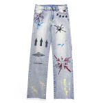 Graffiti-embroidered Frayed Wash Jeans