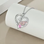 Mom Necklace S925 Sterling Silver Heart CZ Pink Stone Love Mum Pendant Birthstone Jewelry for Women Mother Gifts