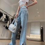 High Waist Rhinestone Split Slightly Flared Jeans Female