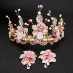 Sweet Pink Bride Handmade Beaded Lace Tiara Corone Crown Ceramic Flower Hair Headdress