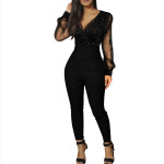 European And American Ladies Fashion V-neck Sequins Mesh Long Sleeve Jumpsuit