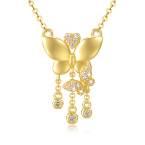 14k Solid Yellow Gold Textured Two Butterfly Pendant with Moissanite Necklace 