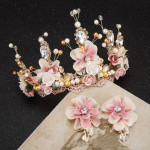 Sweet Pink Bride Handmade Beaded Lace Tiara Corone Crown Ceramic Flower Hair Headdress