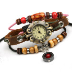 Alloy Pendant Beaded Leather Bracelet Watch