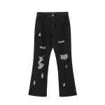 Hip Hop Vibe Back Gothic Alphabet Embroidery Ripped Micro Flared Denim Pants