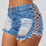 Denim Hot Pants Shorts Women's Straight Broken Corns Lace-up