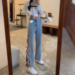 Side Slit Irregular High Waist Strappy Jeans Women's Spring Korean Style