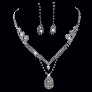 Europe And The United States Foreign Trade Drill Water Drop Shape Bridal Necklace, Earrings Set Wedding Jewelry Wedding Accessories Wholesale