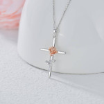 10K Real Gold Cross Rose Flower Necklace for Women