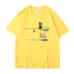 Black Cat Suspended Service Text Pattern Short Sleeve T-shirt Riding Broom