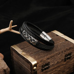 Men's Stainless Steel Leather Braided Bracelet Multi-layer Metal Leather