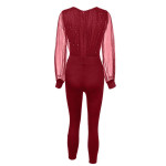 European And American Ladies Fashion V-neck Sequins Mesh Long Sleeve Jumpsuit