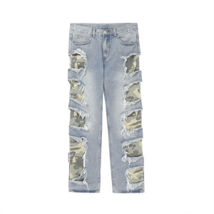 Camo Ripped Tape Jeans Men's Patchwork Tassel Straight Pants
