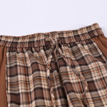 Contrast Elastic Waist Straight Panel Plaid Casual Pants