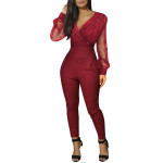 European And American Ladies Fashion V-neck Sequins Mesh Long Sleeve Jumpsuit