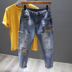 Summer Thin Patch Embroidered Nine-point Jeans Men's Korean Version