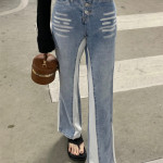 Design Contrast Color Jeans High Waist Show Long Legs