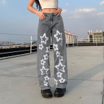 Five Pointed Star Printing Used Washed Jeans