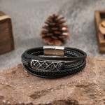 Men's Stainless Steel Leather Braided Bracelet Multi-layer Metal Leather