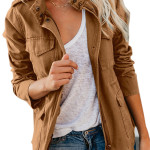 Fashion Ladies Solid Color Lapel Zipper Short Jacket Casual Pocket Button Decoration Top