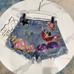 Letter Heavy Embroidered Raw Trim Denim Three-point Shorts