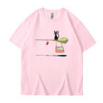 Black Cat Suspended Service Text Pattern Short Sleeve T-shirt Riding Broom