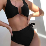 European And American High Waist Split U Shaped Drag Solid Color Swimsuit