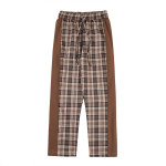 Contrast Elastic Waist Straight Panel Plaid Casual Pants