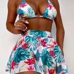 Big Flower Leaf Three Piece Swimsuit Bikini