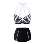 Ladies split swimsuit sexy striped bikini high waist