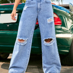 Women's High Waist Ripped Water Wash Denim Straight Pants