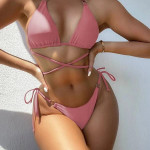 Women's Solid Color Bandage Split Swimsuit Bikini