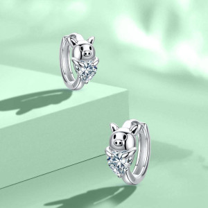 Hypoallergenic Cubic Zirconia Pig Small Cute Heart Huggie Hoop Earrings 