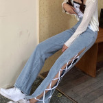 Side Slit Irregular High Waist Strappy Jeans Women's Spring Korean Style