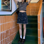 Star Embroidery American Vintage Denim Short Skirt Summer Women's High Waist Spice Girl Half Skirt Bag Hip Skirt