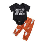 Boys' Letters Short-sleeved Jumpsuit Cow Head Print Pants Two-piece Set