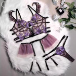 Purple Rose Sexy Lingerie Sexy Lace Embroidery Three-piece Set