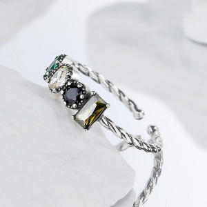 S925 Sterling Silver Olive Green Square Zircon Twisted Rope Chain Irregular Inlaid Index Ring