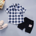 Summer Short Sleeve Suit Plaid Lapel Two-piece Baby Clothes