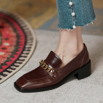 Square Toe Chunky Heel Chain Commuter Brown Shoes