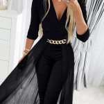 Women's Mesh Patchwork V-neck Jumpsuit