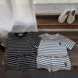 Little Bear Striped Round Neck Short Sleeve Shorts