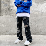 Hip Hop Vibe Back Gothic Alphabet Embroidery Ripped Micro Flared Denim Pants