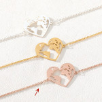 Heart-shaped Hollowed Out World Map Stainless Steel Pendant Bracelet