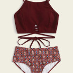 Women In High Waisted Brown Split Swimsuit