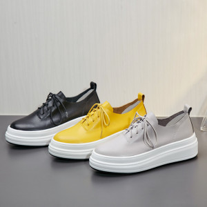 2021 New Height Increase Casual Shoes Women Simple Yellow Leather Lace-up Single Shoes Platform Platform Shoes British Style Women's Shoes