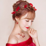 New Korean bridal jewelry necklace, earring, red rose necklace set, Wedding Toasting dress, accessories