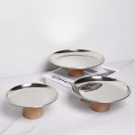 Household Style Metal Round Solid Wood Base Tray