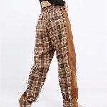 Contrast Elastic Waist Straight Panel Plaid Casual Pants